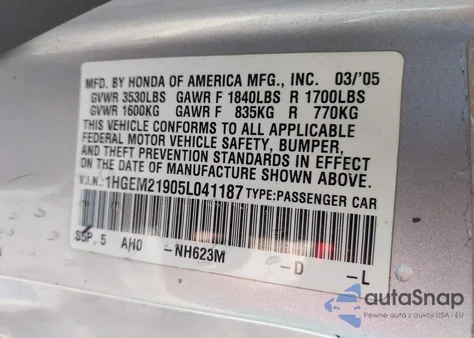 2005 Honda Civic Ex из США, поврежденный, VIN 1HGEM21905L041187
